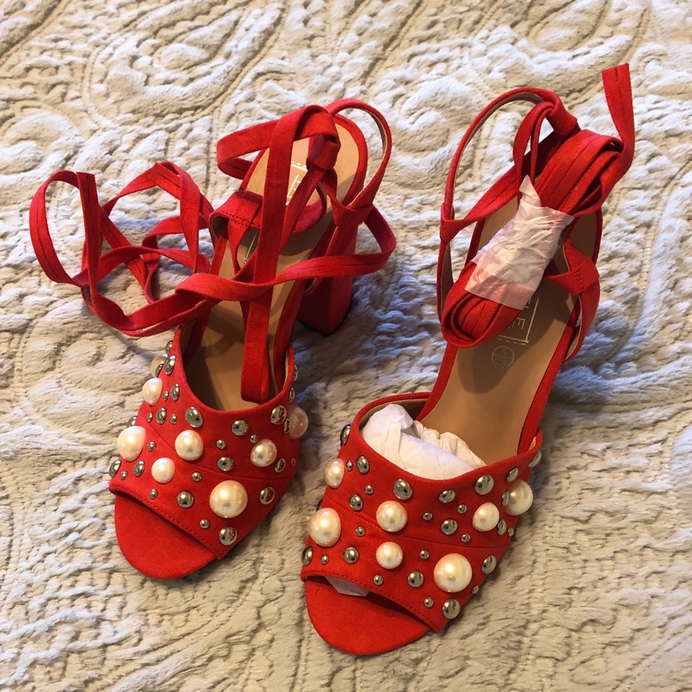 Pearl and stud detail block heel lace up sandals
